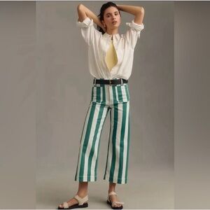 Maeve Green and White Striped Cropped Pants